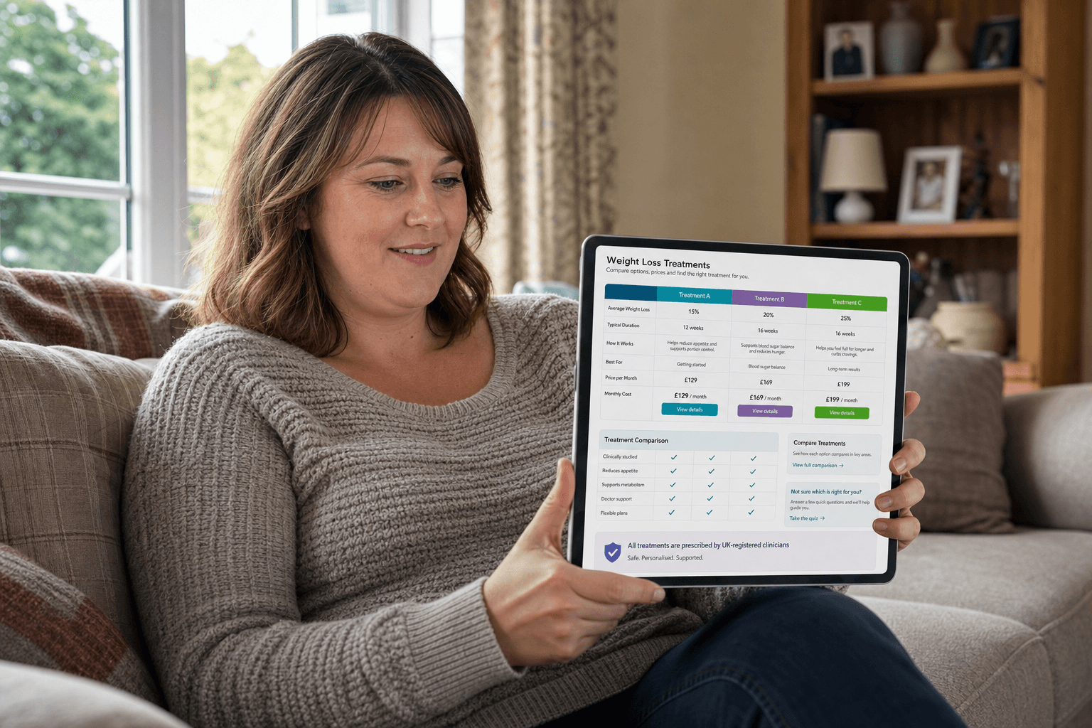 An adult sitting in a cozy UK home, looking with hope at a tablet screen showcasing a trustworthy weight loss treatment comparison portal