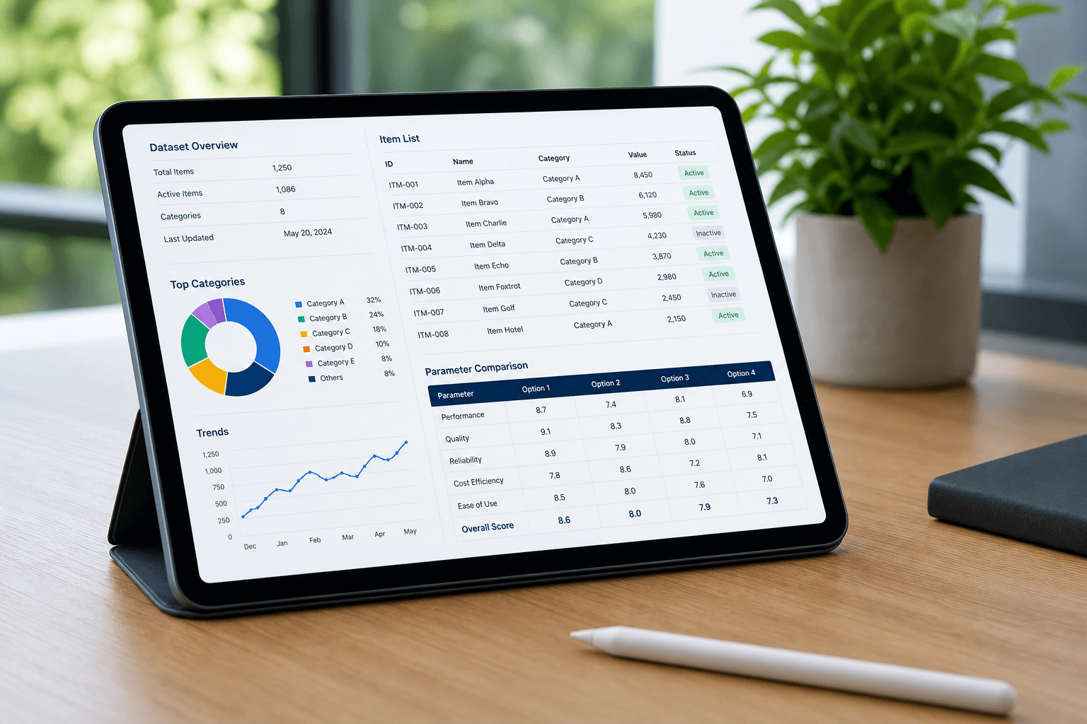 A professional setting with a tablet showing pricing data lists, showing a non-medical analytical environment