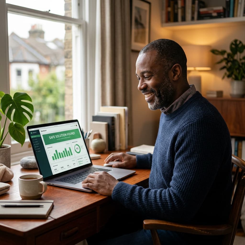 Adult smiling with relief and looking at a clean price comparison solution on their laptop