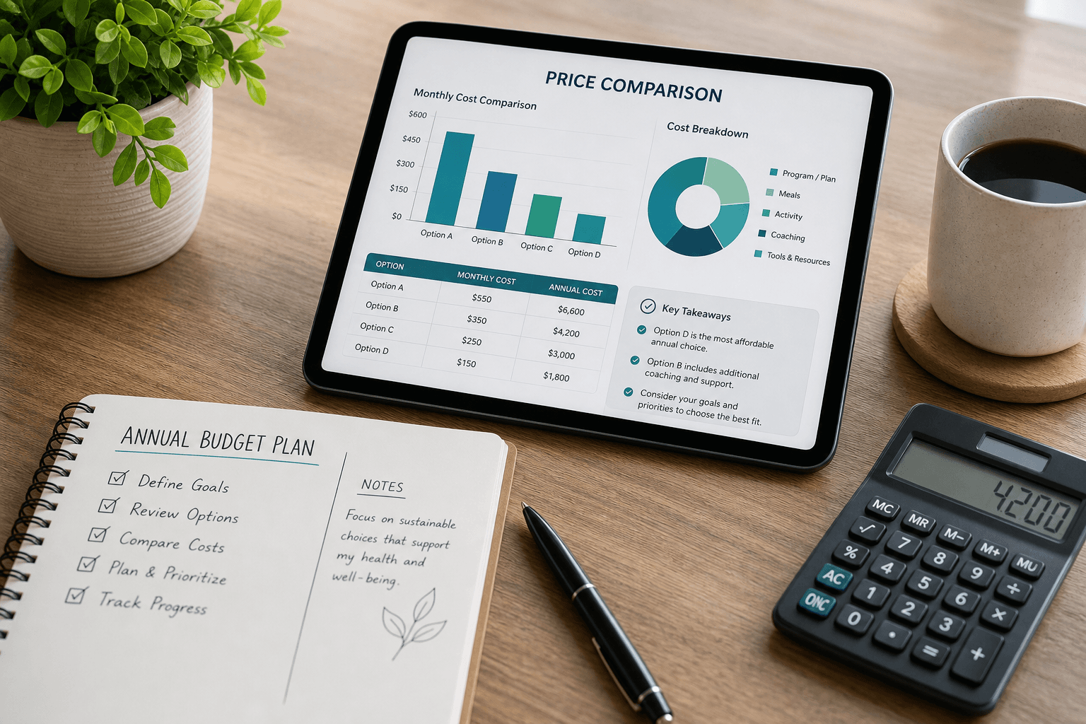 Lifestyle planning table with price comparisons and annual budget notes