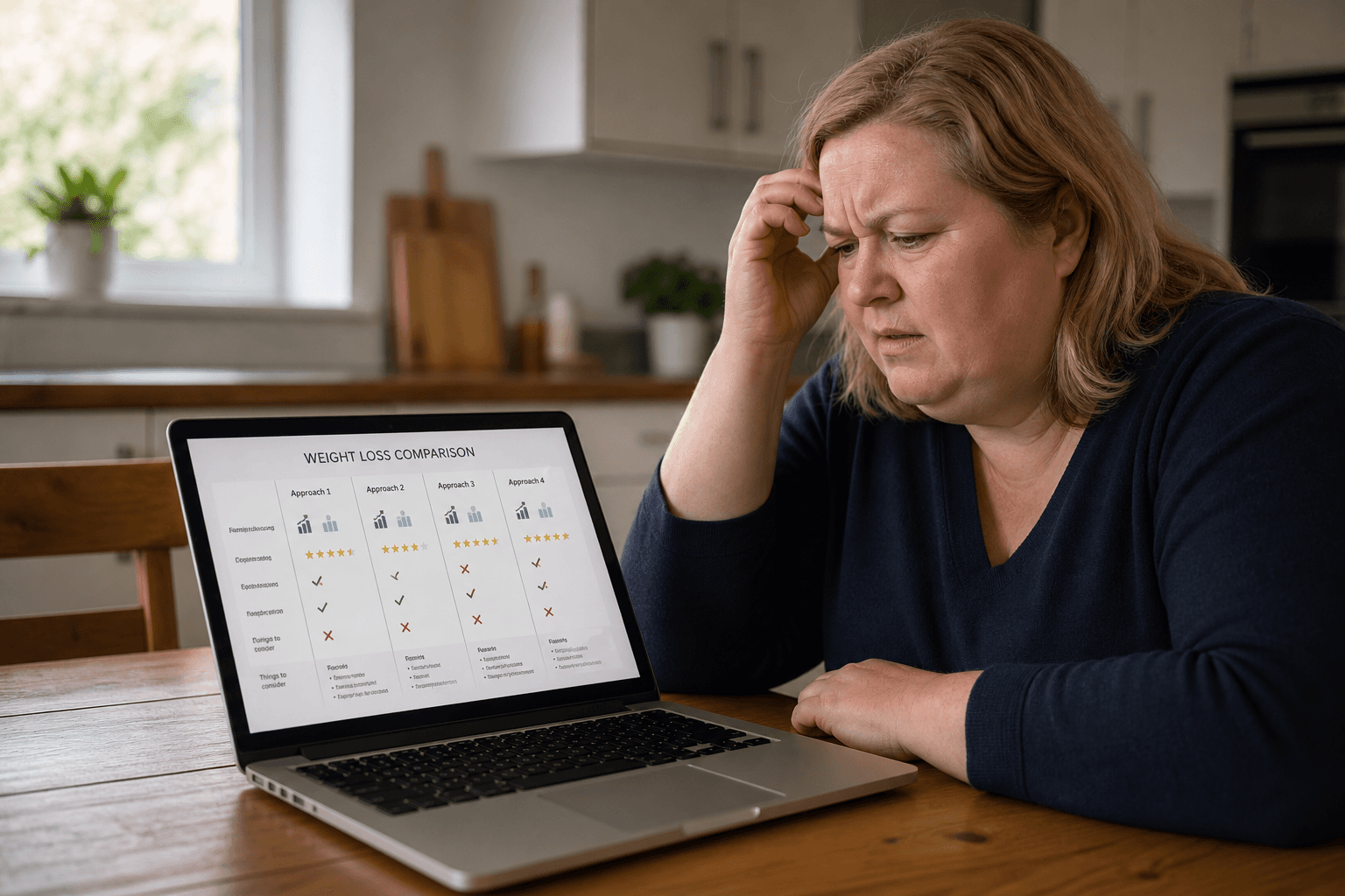 An adult searching for weight loss comparison information online, looking focused and hopeful