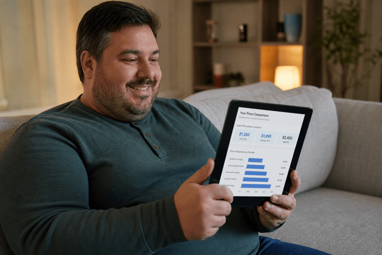 Hopeful individual looking at tablet interface for weight loss treatment comparisons