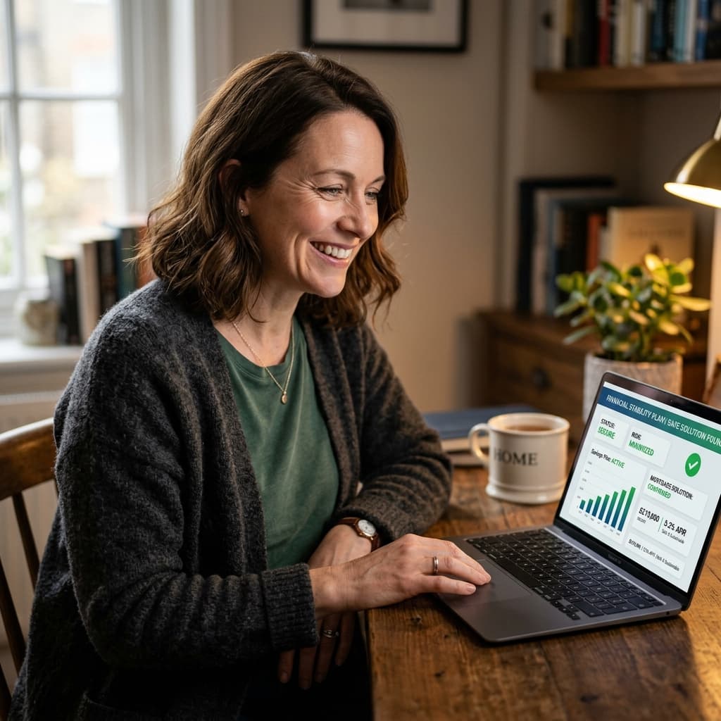 Adult smiling with relief and looking at a clean price comparison solution on their laptop