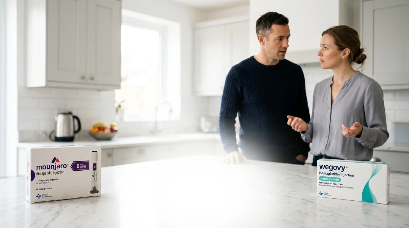 Couple discussing weight loss treatments Couple discussing weight loss treatments