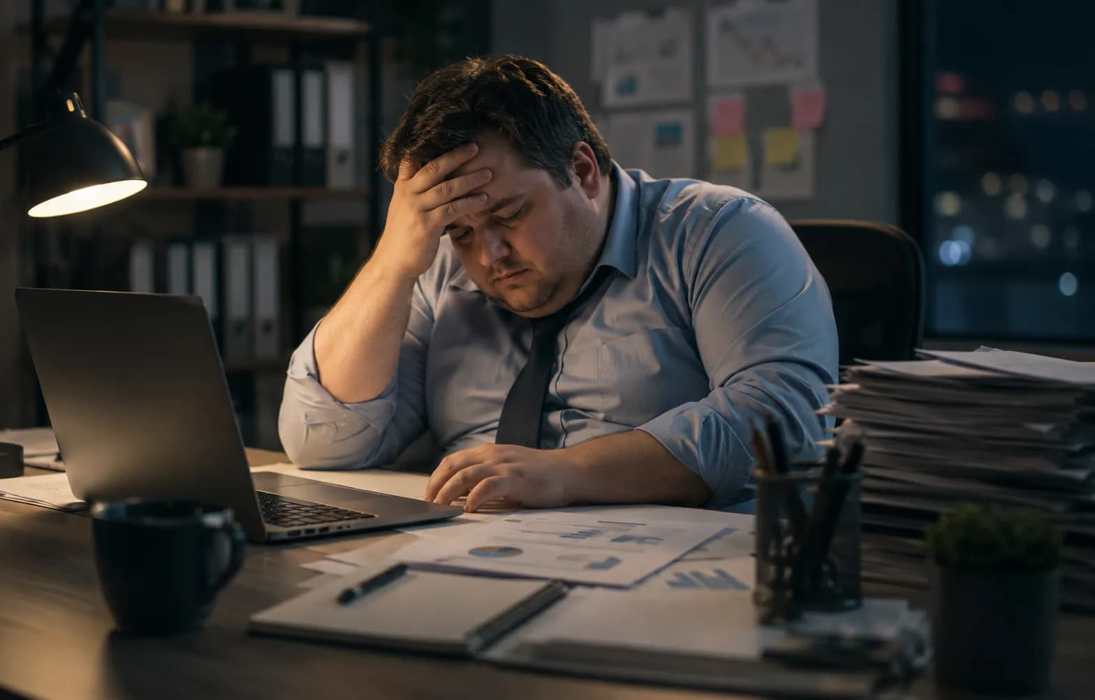 Person at a desk — work stress, screen time, and daily demands