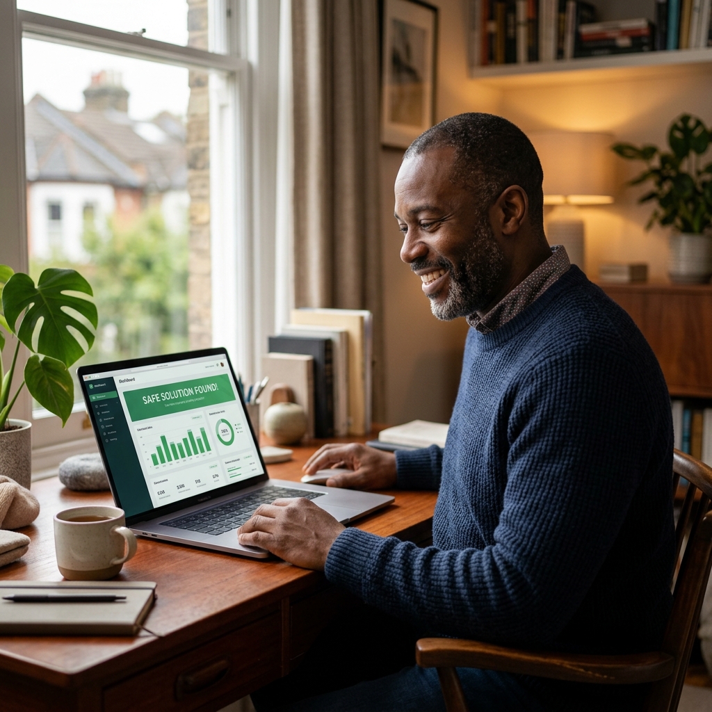Adult smiling with relief and looking at a clean price comparison solution on their laptop