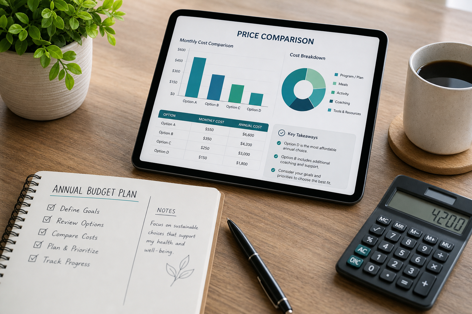 Lifestyle planning table with price comparisons and annual budget notes