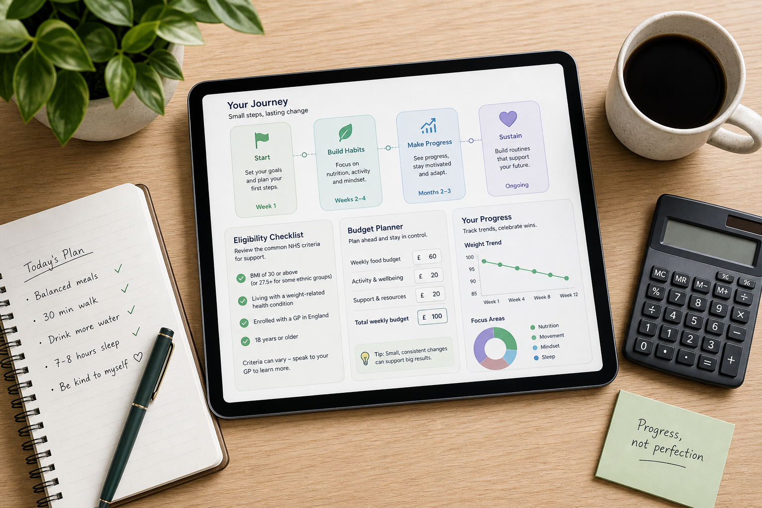 Wellness planning desk with charts, notes and a laptop for researching UK weight loss treatment options